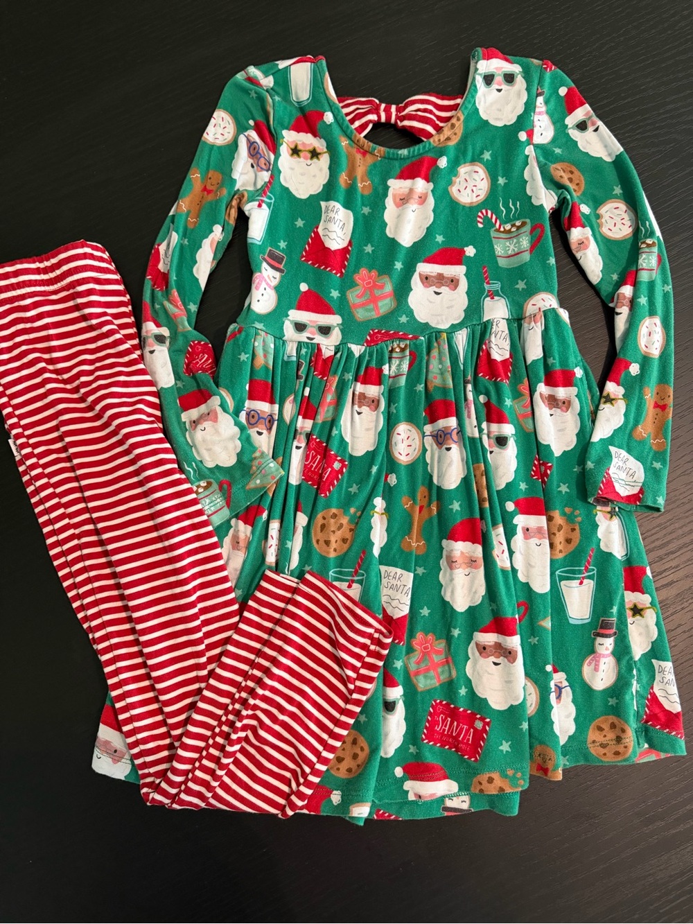 Little Sleepies Green Santa Print Dress with Red Stripe Pajama Pants